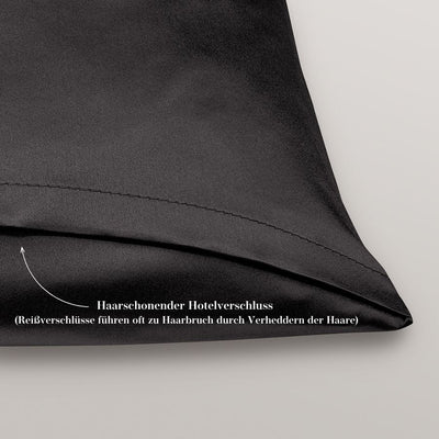 Seidenkissenbezug von CURLY N COVERED aus reiner Maulbeer-Seide in schwarz, Detailaufnahme des Hotelverschlusses