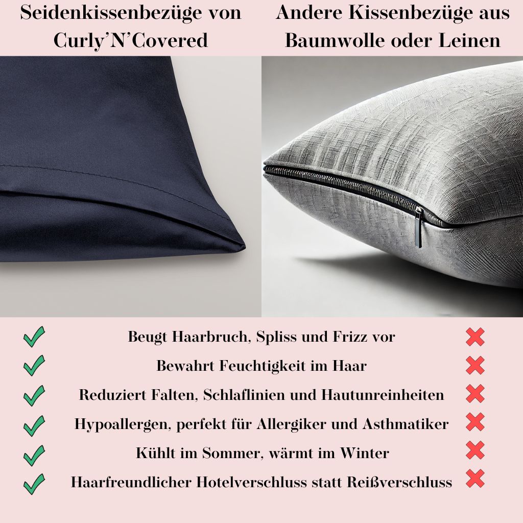 Erfahre, warum Seidenkissenbezüge von Curly N Covered besser für deine Haut & Haare sind als herkömmliche Kissenbezüge aus Baumwolle oder Leinen