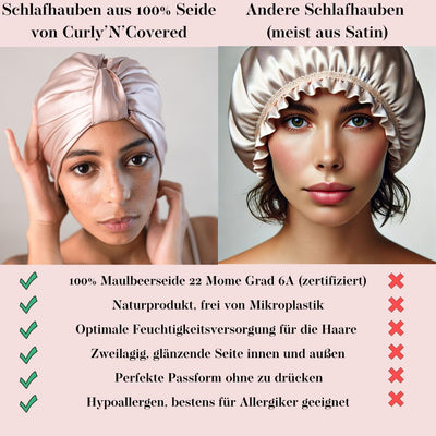 Erfahre, warum Schlafhauben aus 100% Maulbeerseide von Curly N Covered besser für deine Haare sind als Schlafhauben aus Satin